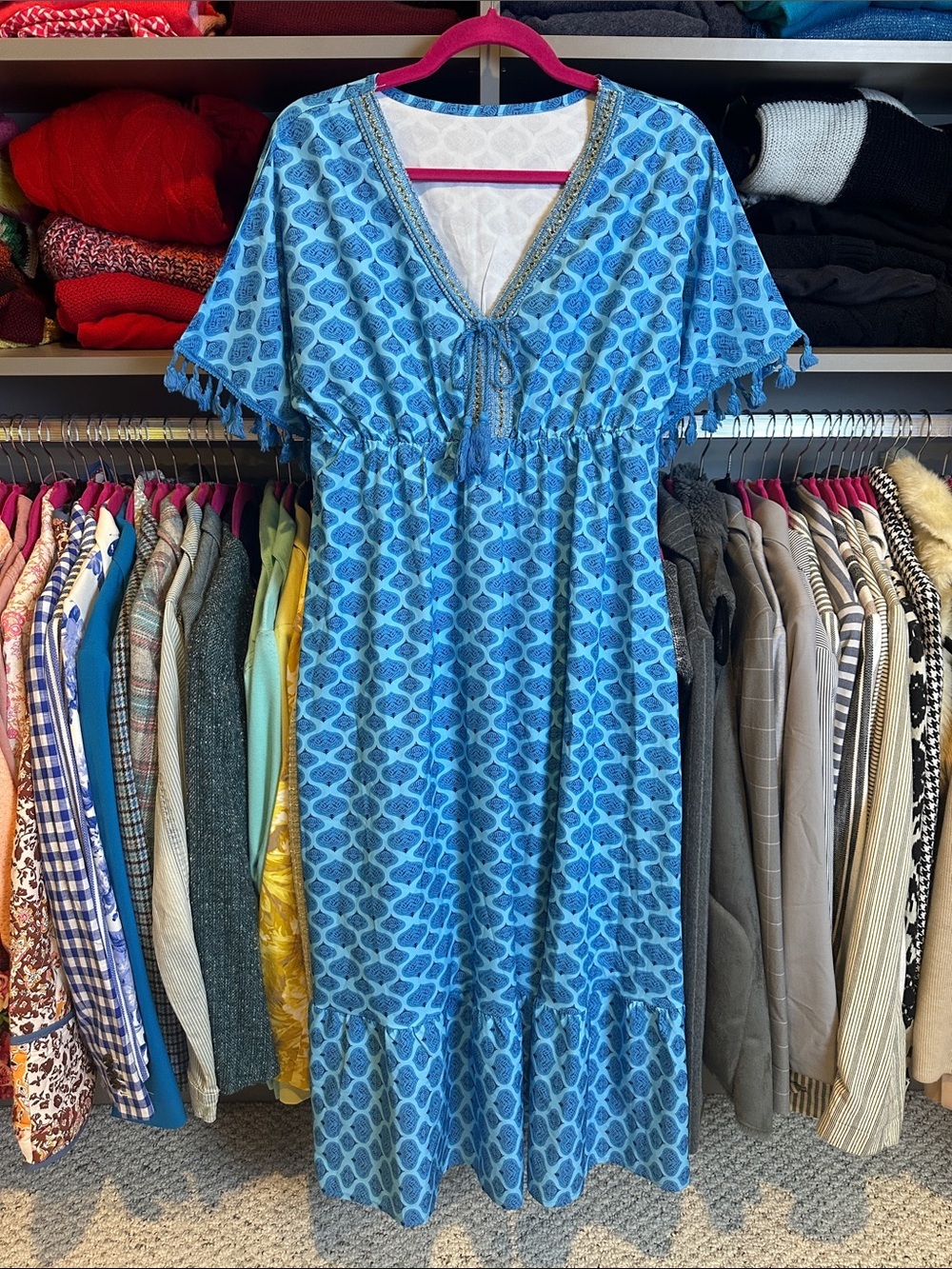 Unbranded blue print short tassel sleeve v neck elastic waist midi dress size M